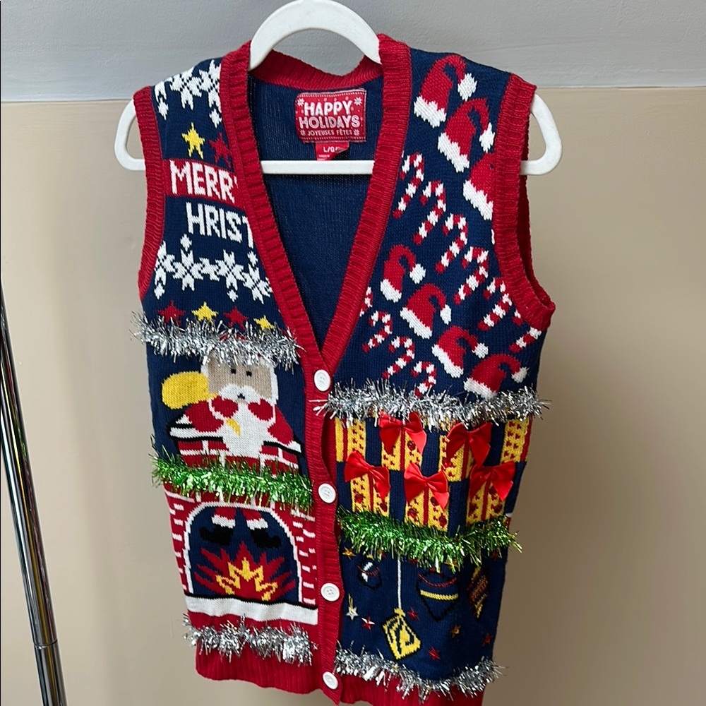 Festive Christmas Sweater Cardigan Vest, M/L